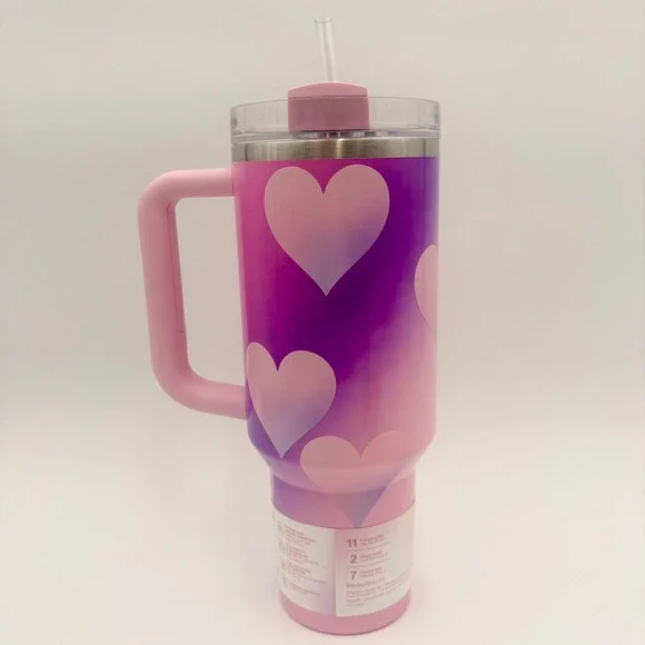 Stanley Quencher H2O Tumbler 40 oz Pink Gradient Hearts ValentinesStraw Lid - Picture 3 of 7